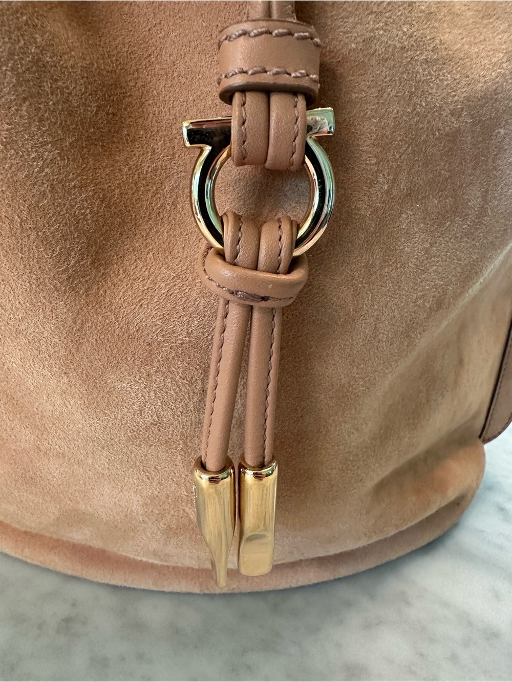 Salvatore Ferragamo Suede Drawstring Bucket Bag - Tan/Peach - Picture 6 of 8